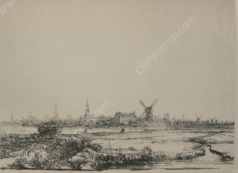 View of Amsterdam by Rembrandt Van Rijn - Hand-Painted Oil Painting Reproduction