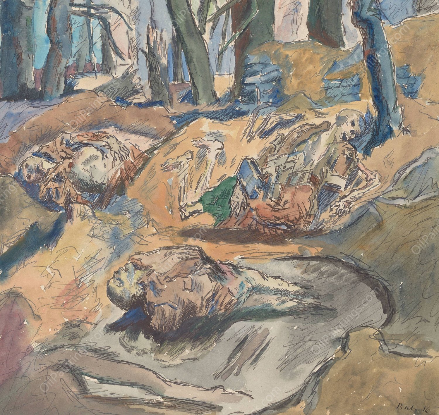 Dead Scottish Soldiers on the Battlefield near Ypres  by Rene Beeh - Hand-Painted Oil Painting Reproduction