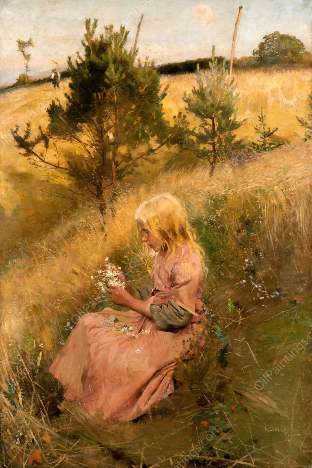 Girl Picking Flowers  by Richard Bergh - Hand-Painted Oil Painting Reproduction