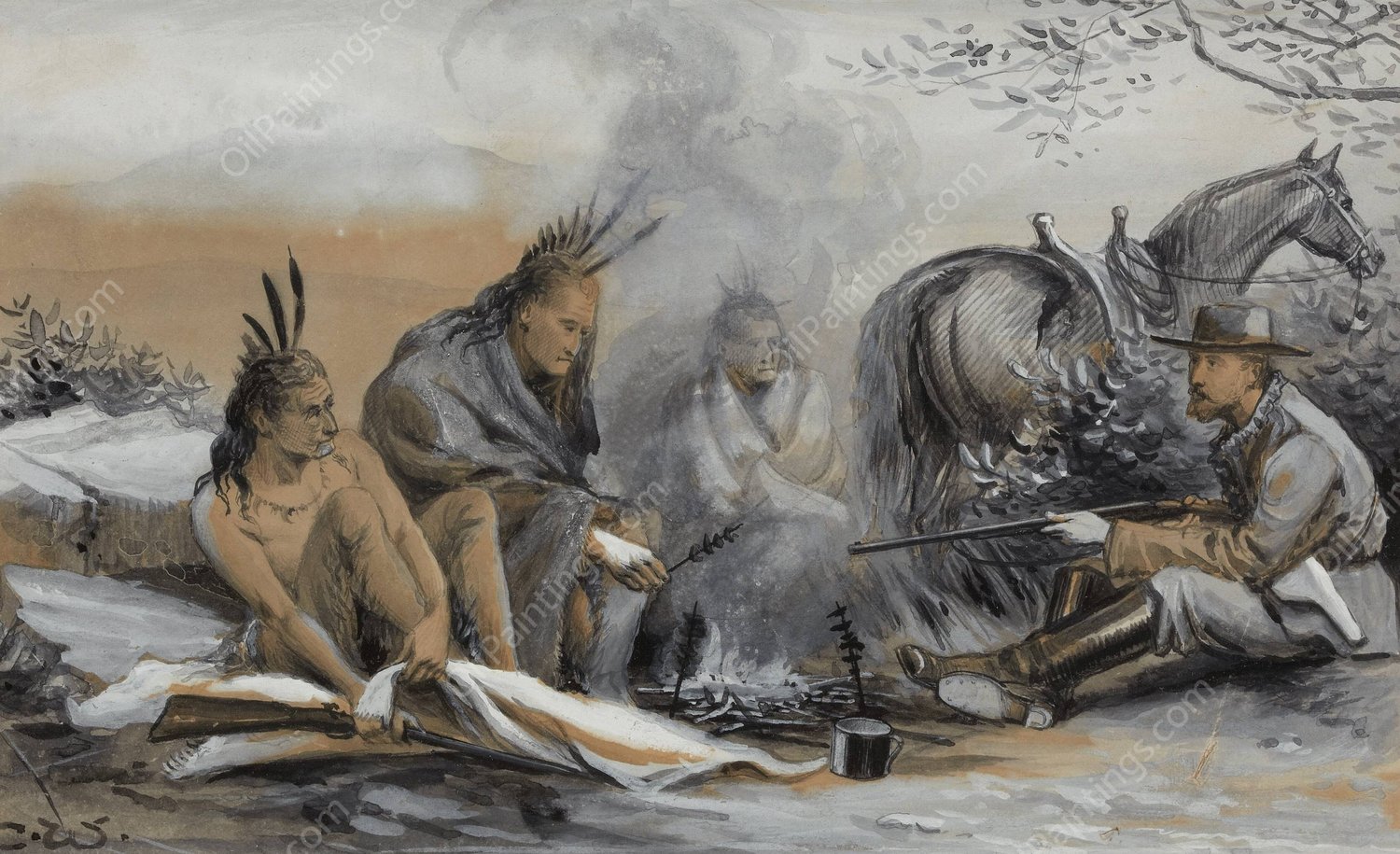 At the Campfire by Richard Caton Woodville - Hand-Painted Oil Painting Reproduction