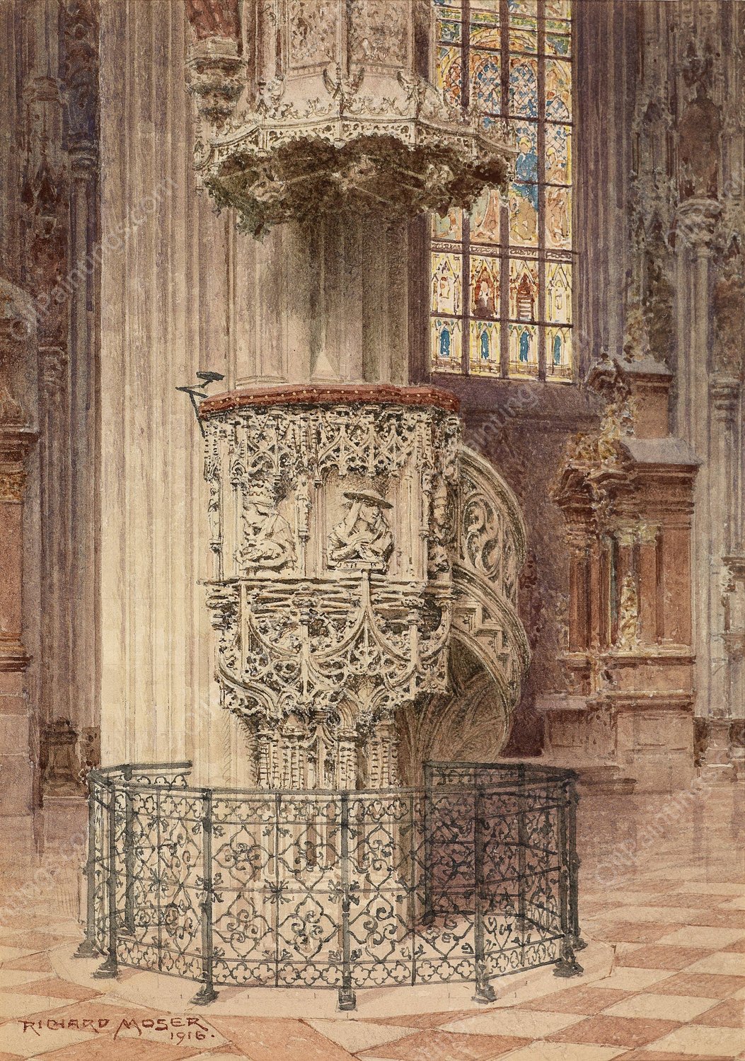 Stephansdom Pilgramkanzel  by Richard Moser - Hand-Painted Oil Painting Reproduction