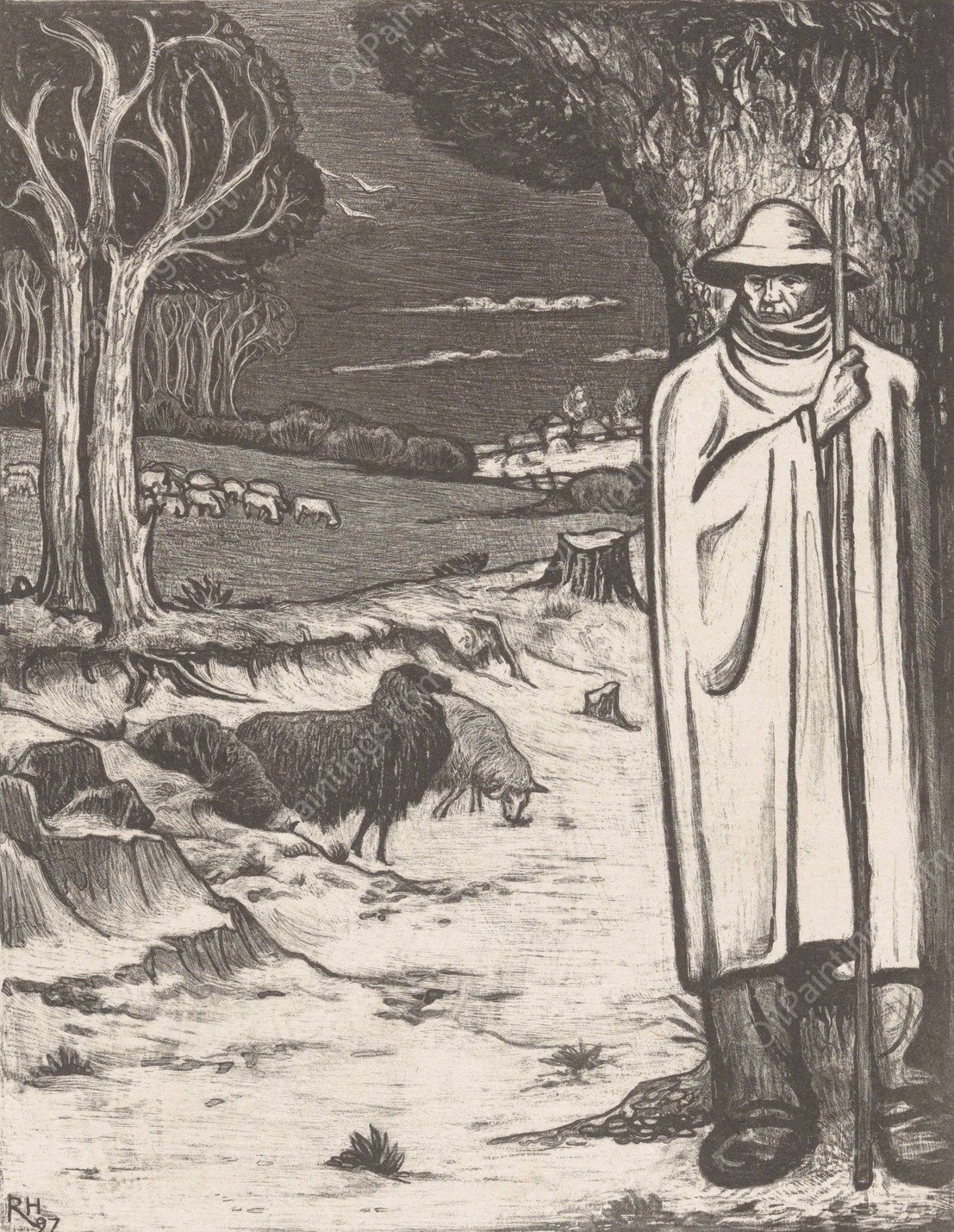 Herder met een kudde schapen in een heuvellandschap  by Richard Nicolaus Roland Holst - Hand-Painted Oil Painting Reproduction