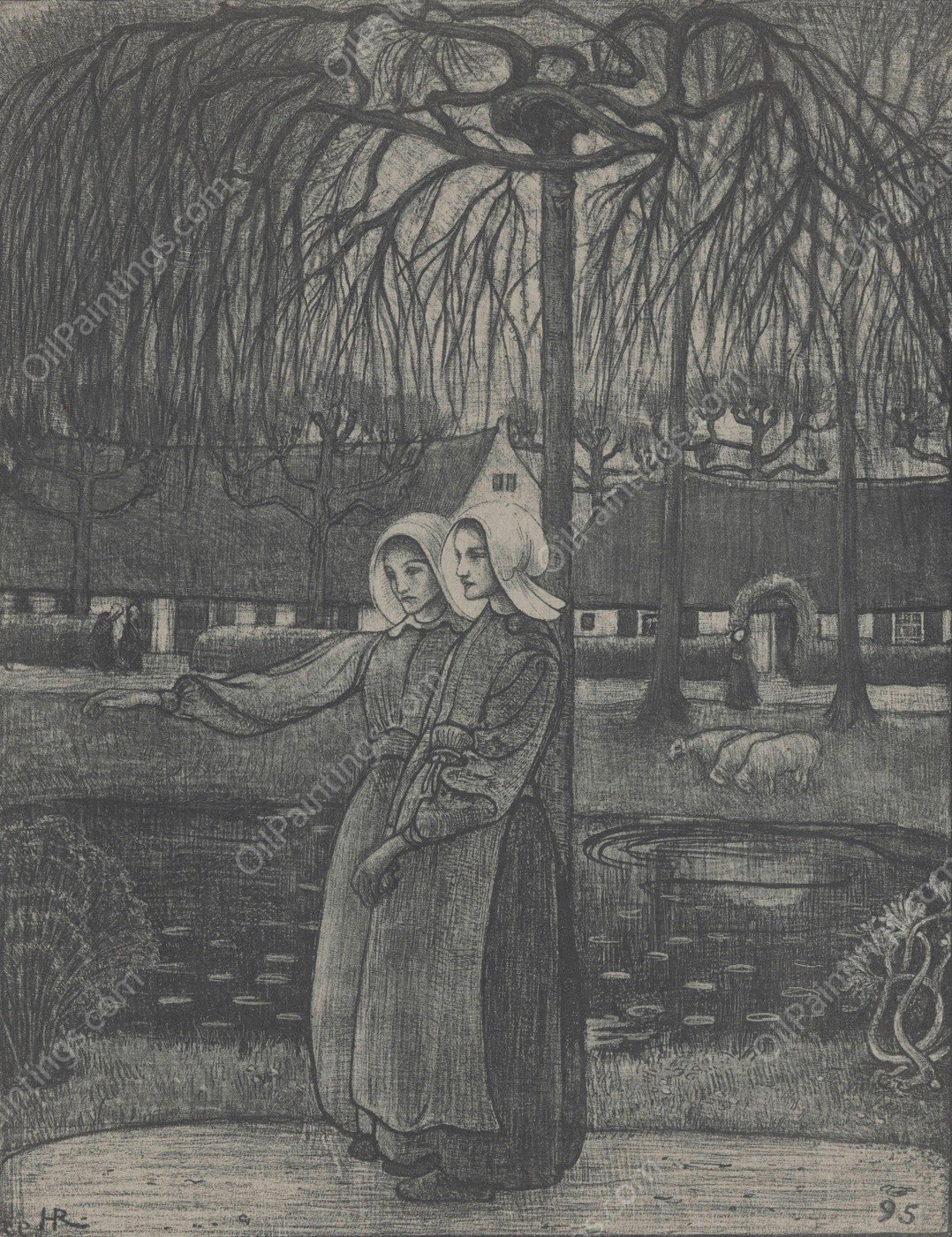 Huizer meisjes bij een vijver  by Richard Nicolaus Roland Holst - Hand-Painted Oil Painting Reproduction