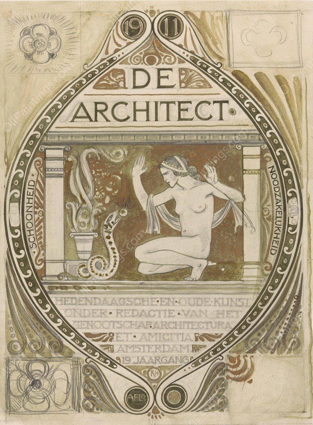 Ontwerp voor de omslag van De Architect  by Richard Nicolaus Roland Holst - Hand-Painted Oil Painting Reproduction