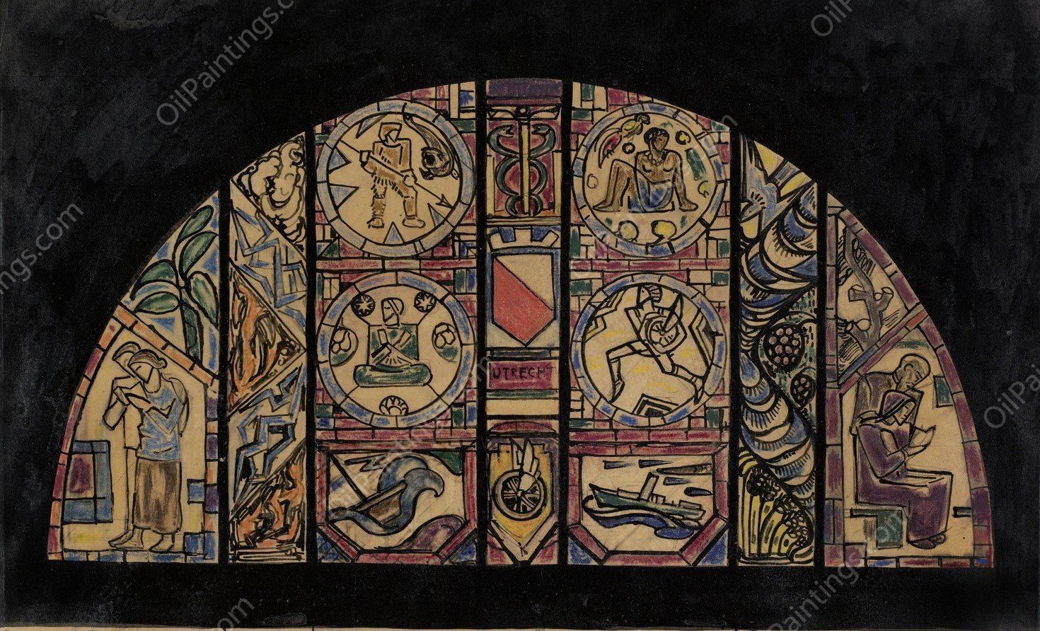 Ontwerp voor raam in het postkantoor te Utrecht  by Richard Nicolaus Roland Holst - Hand-Painted Oil Painting Reproduction