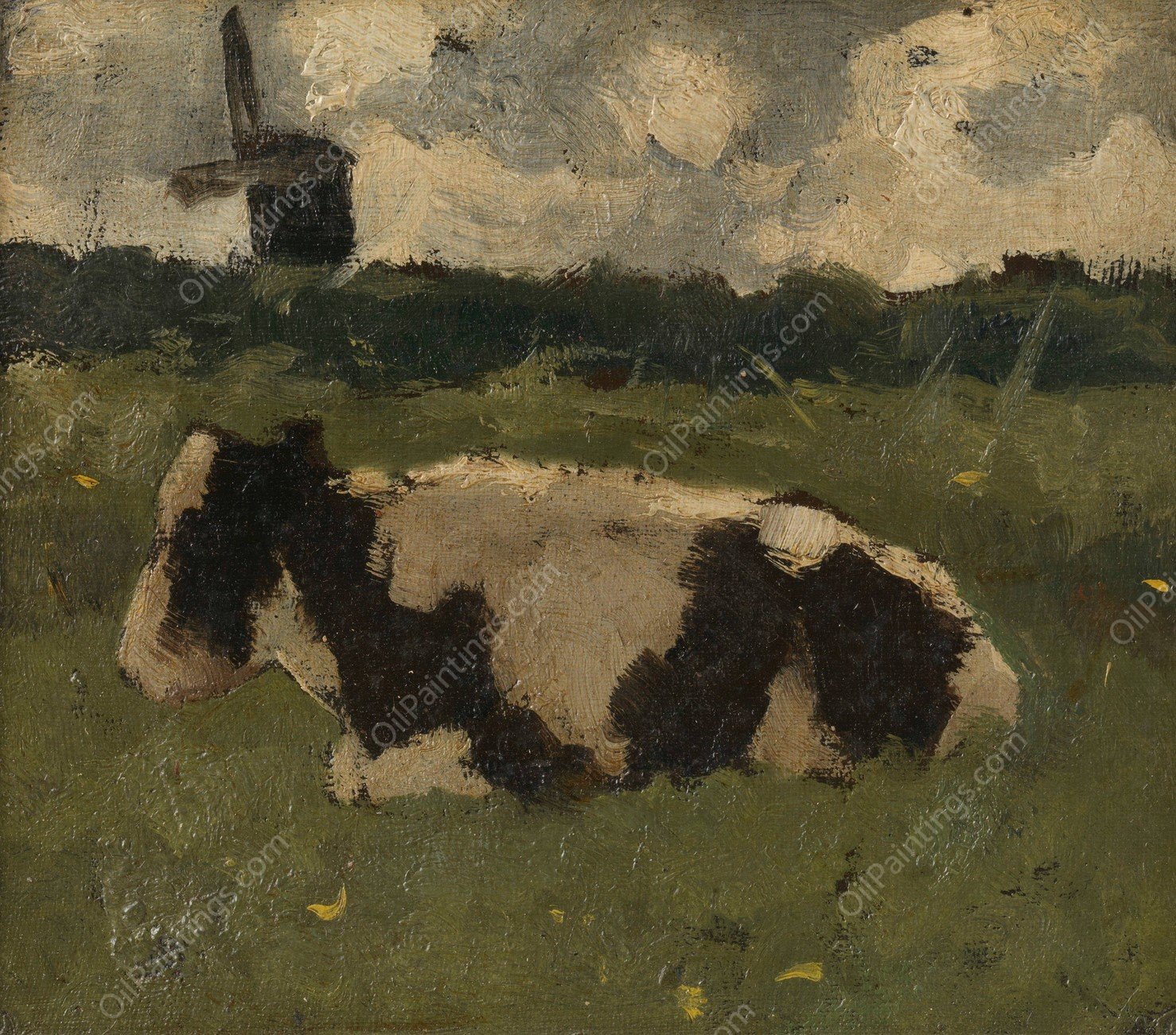 Resting Cow with a Mill  by Richard Nicolaus Roland Holst - Hand-Painted Oil Painting Reproduction