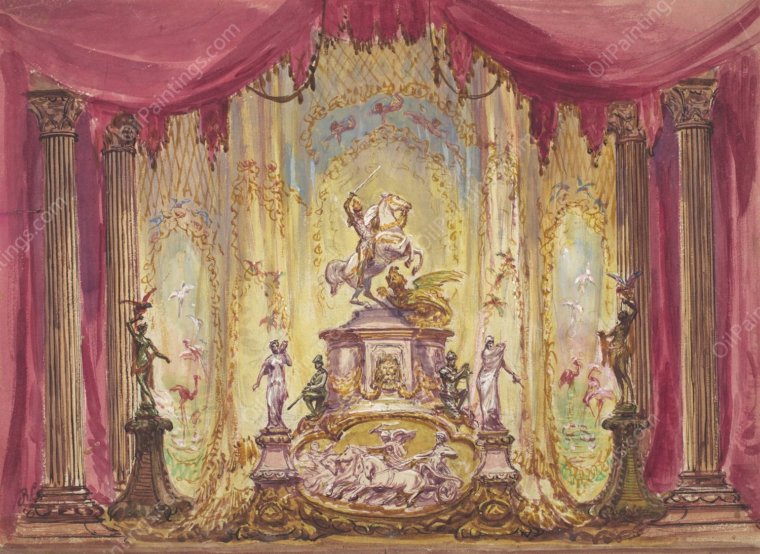 Stage Set with a Statue Of Saint George Slaying the Dragon by Robert Caney - Hand-Painted Oil Painting Reproduction