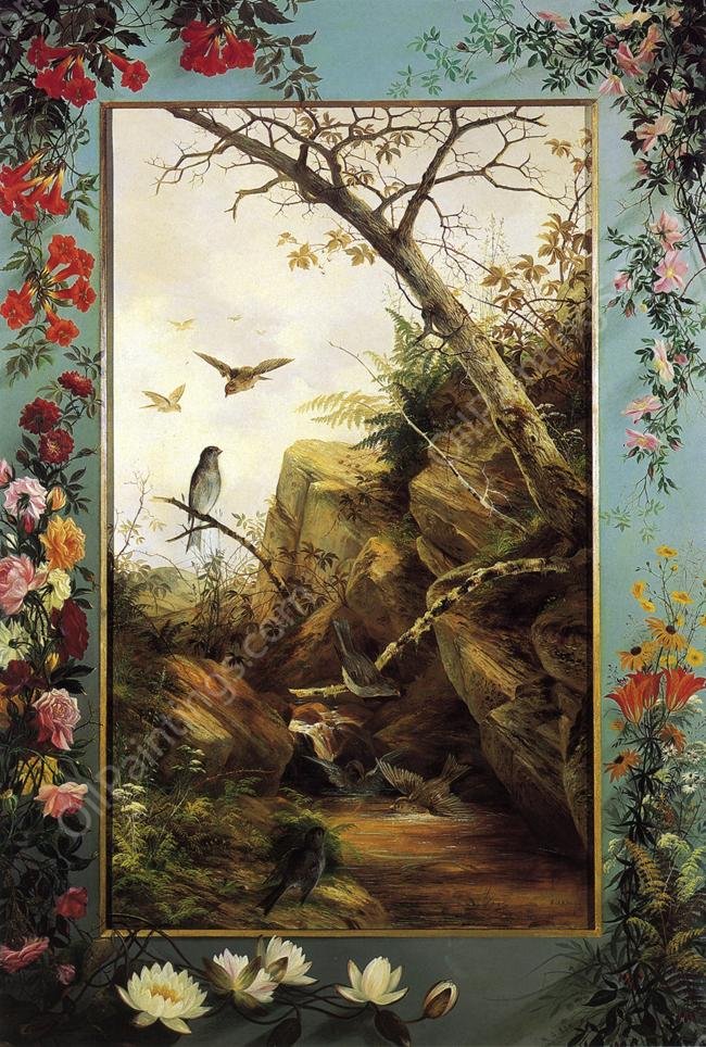 Birds Bathing at the Creek by Robert D. Wilkie - Hand-Painted Oil Painting Reproduction