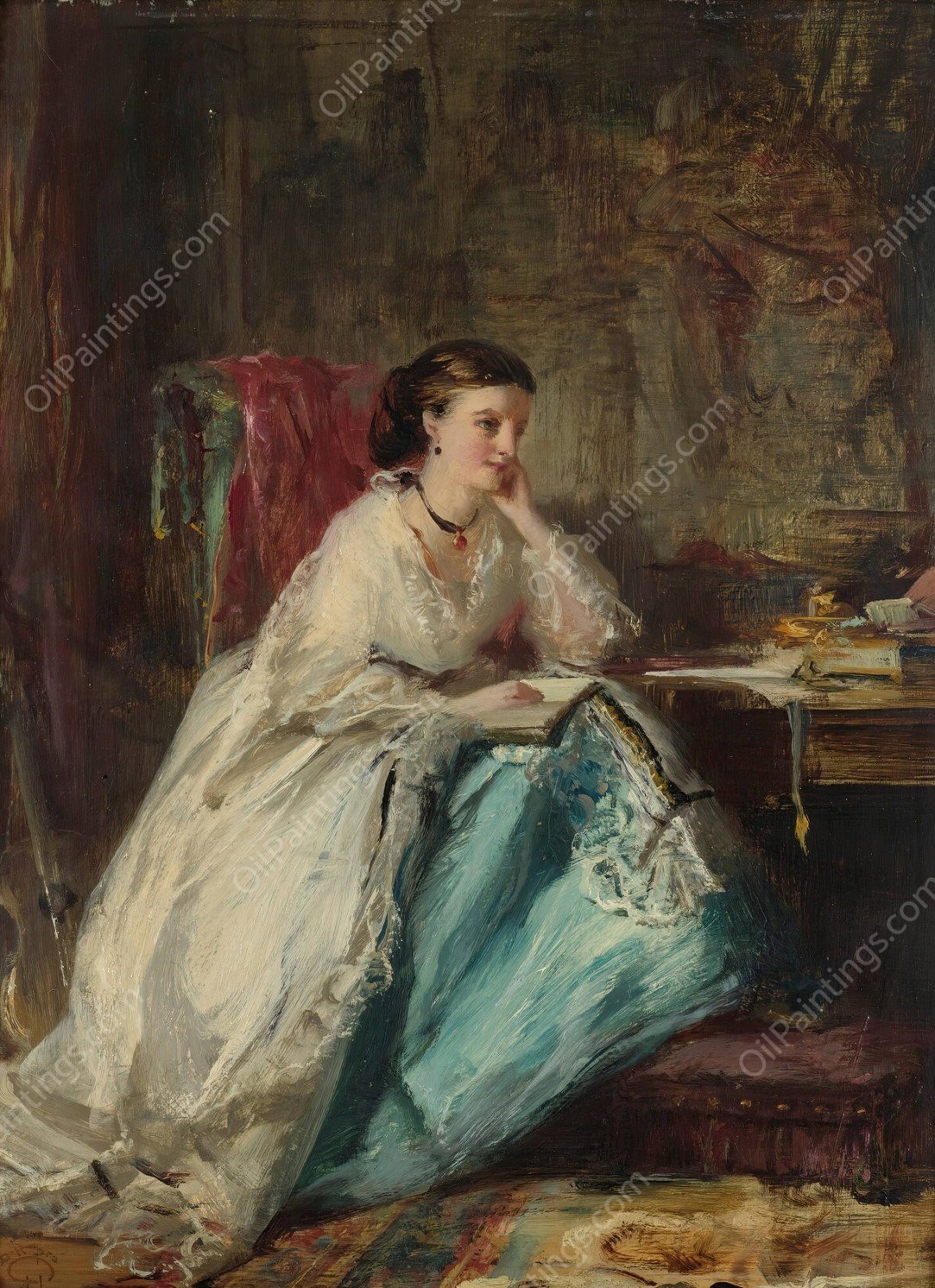Woman In Her Study by Robert Duddingstone Herdman - Hand-Painted Oil Painting Reproduction