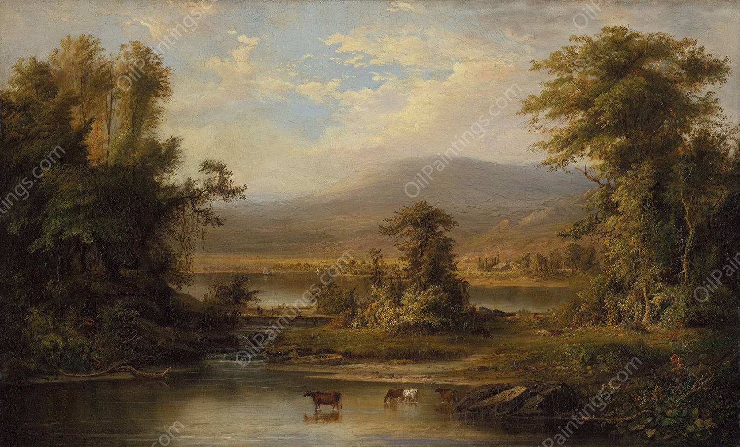 Landscape with Cows Watering in a Stream  by Robert S. Duncanson - Hand-Painted Oil Painting Reproduction