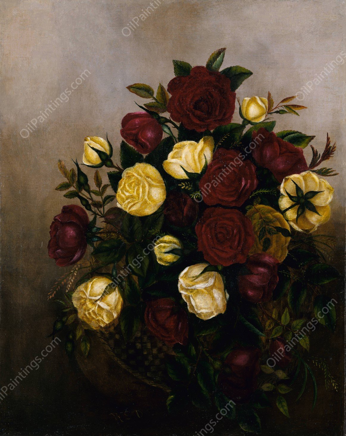 Roses Still Life  by Robert S. Duncanson - Hand-Painted Oil Painting Reproduction