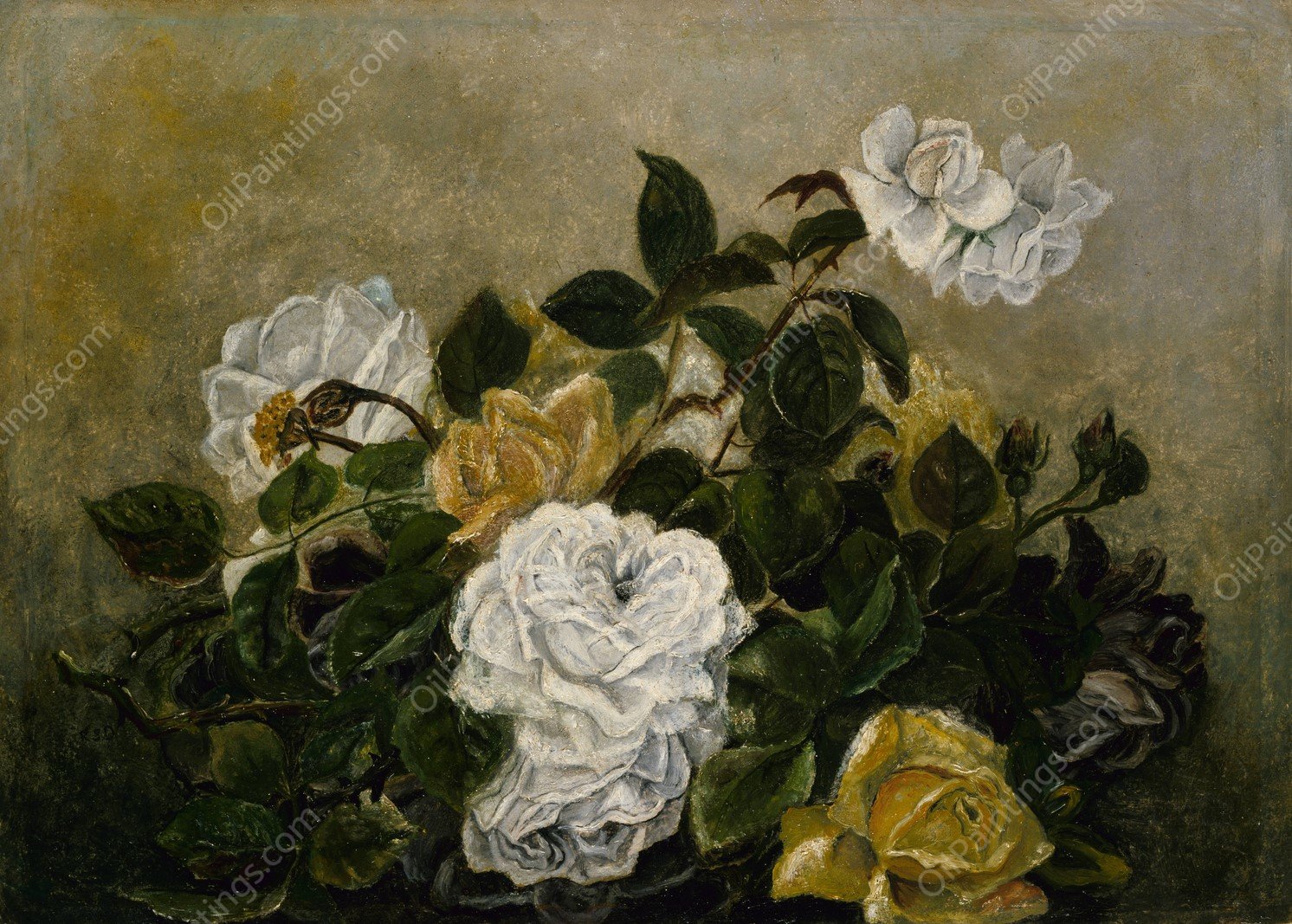 Still Life with Roses  by Robert S. Duncanson - Hand-Painted Oil Painting Reproduction