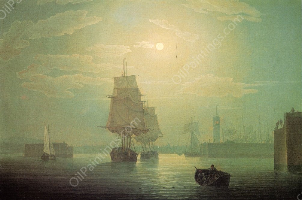 Moonlight over Whitehaven Harbor, England by Robert Salmon - Hand-Painted Oil Painting Reproduction