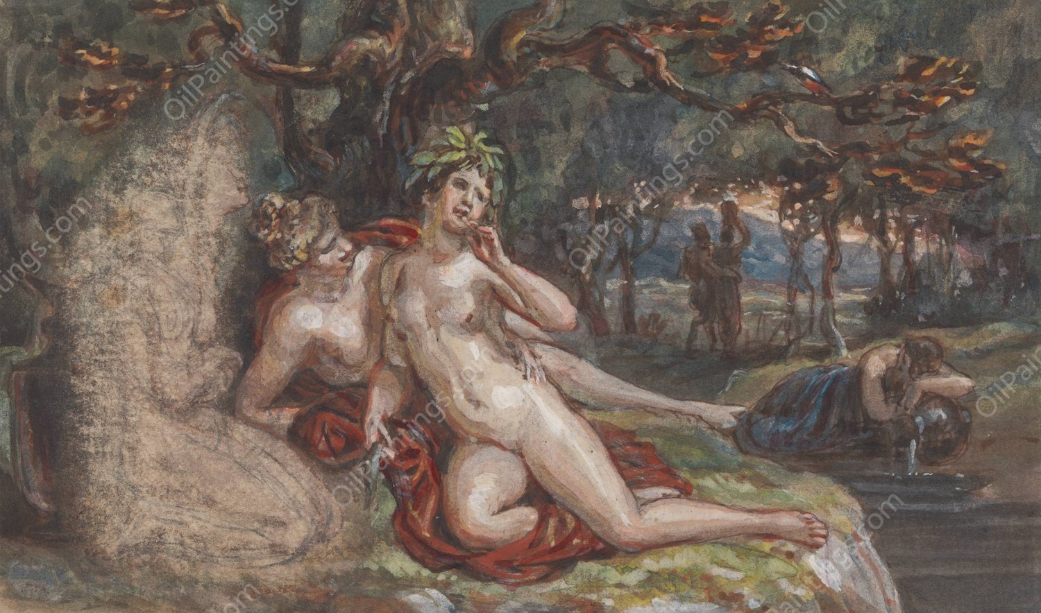 Wooded Scene with a Couple Laying under a Tree, by a Stream by Robert Smirke - Hand-Painted Oil Painting Reproduction