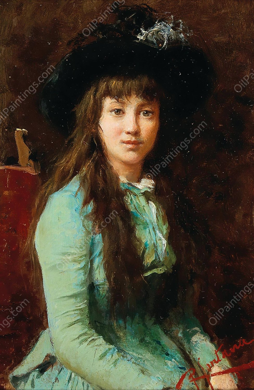 Portrait Of A Girl With A Feather Hat by Roberto Fontana - Hand-Painted Oil Painting Reproduction