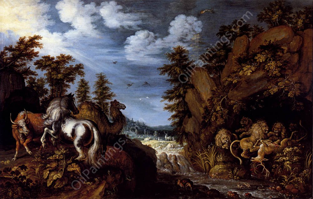 A Rocky Landscape With A Stallion, Bull And Camel Overlooking A Lion's Den by Roelandt Jacobsz Savery - Hand-Painted Oil Painting Reproduction