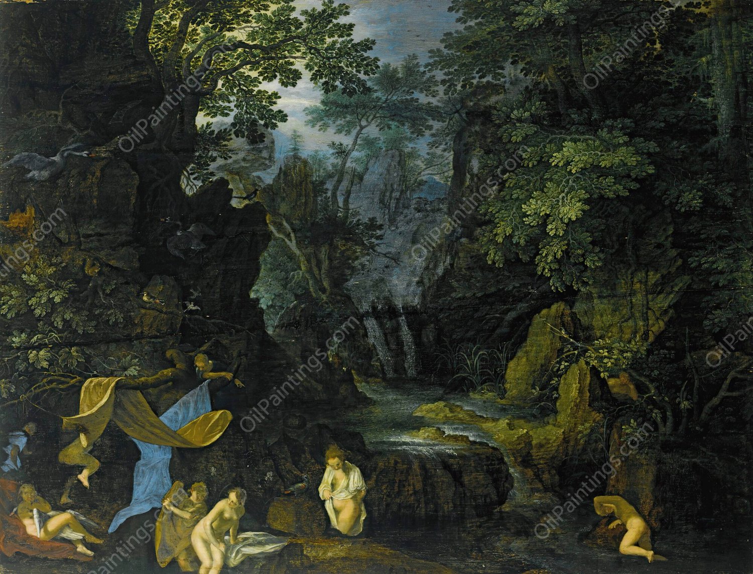 A Forest Landscape With Bathing Nymphs And Leda And The Swan by Roelant Savery - Hand-Painted Oil Painting Reproduction