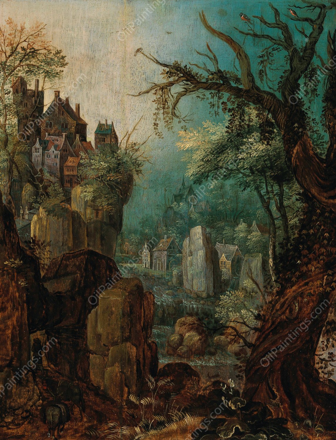 A mountainous river landscape with a peasant leading two donkeys, a village beyond by Roelant Savery - Hand-Painted Oil Painting Reproduction