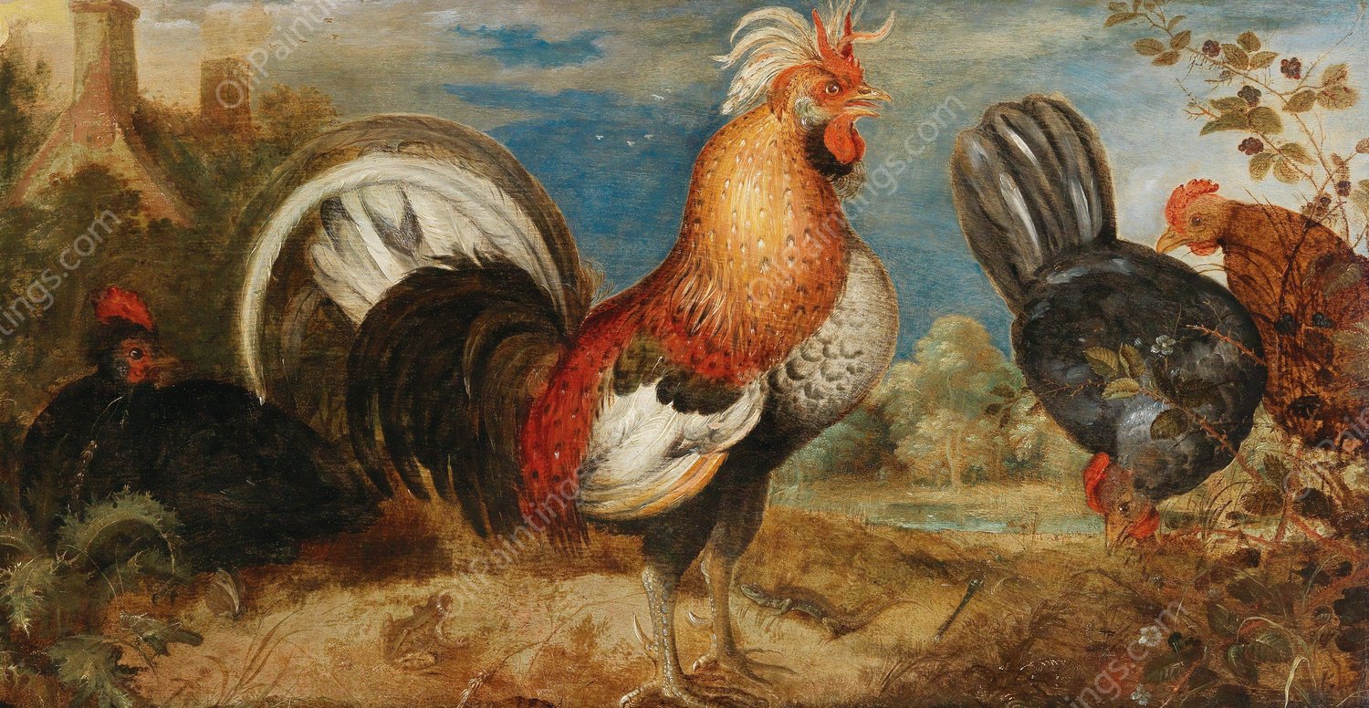 A rooster and chicken in a landscape by Roelant Savery - Hand-Painted Oil Painting Reproduction