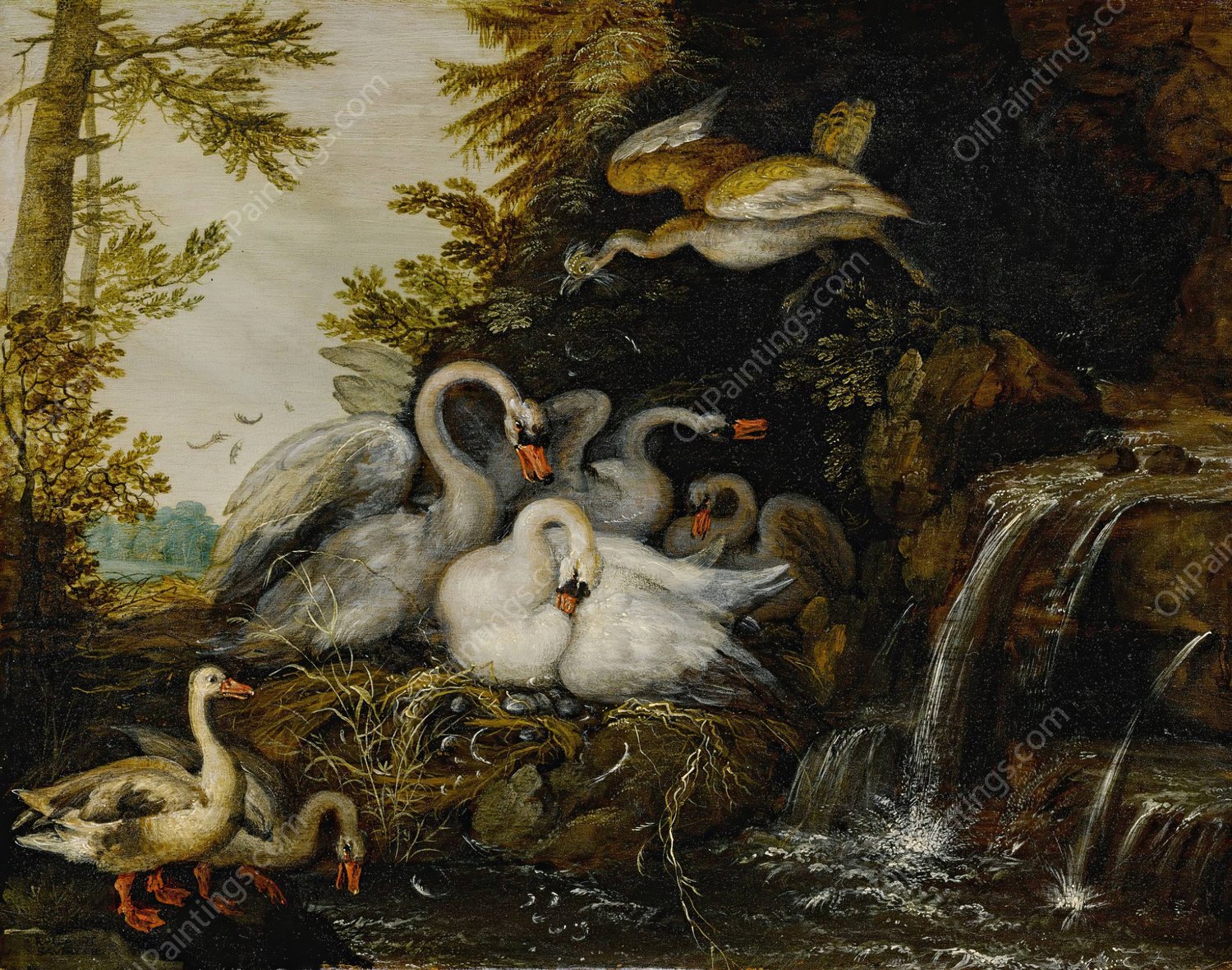 Landscape with swans near a waterfall by Roelant Savery - Hand-Painted Oil Painting Reproduction