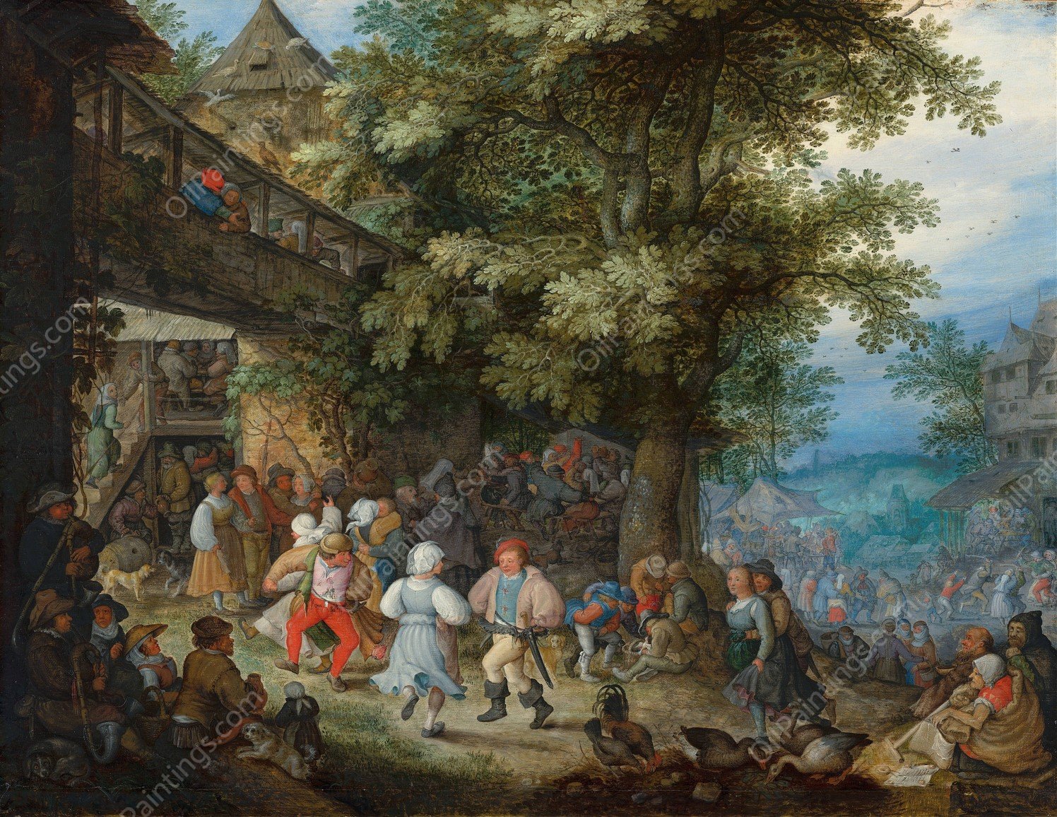 Peasants Dancing outside a Bohemian Inn  by Roelant Savery - Hand-Painted Oil Painting Reproduction