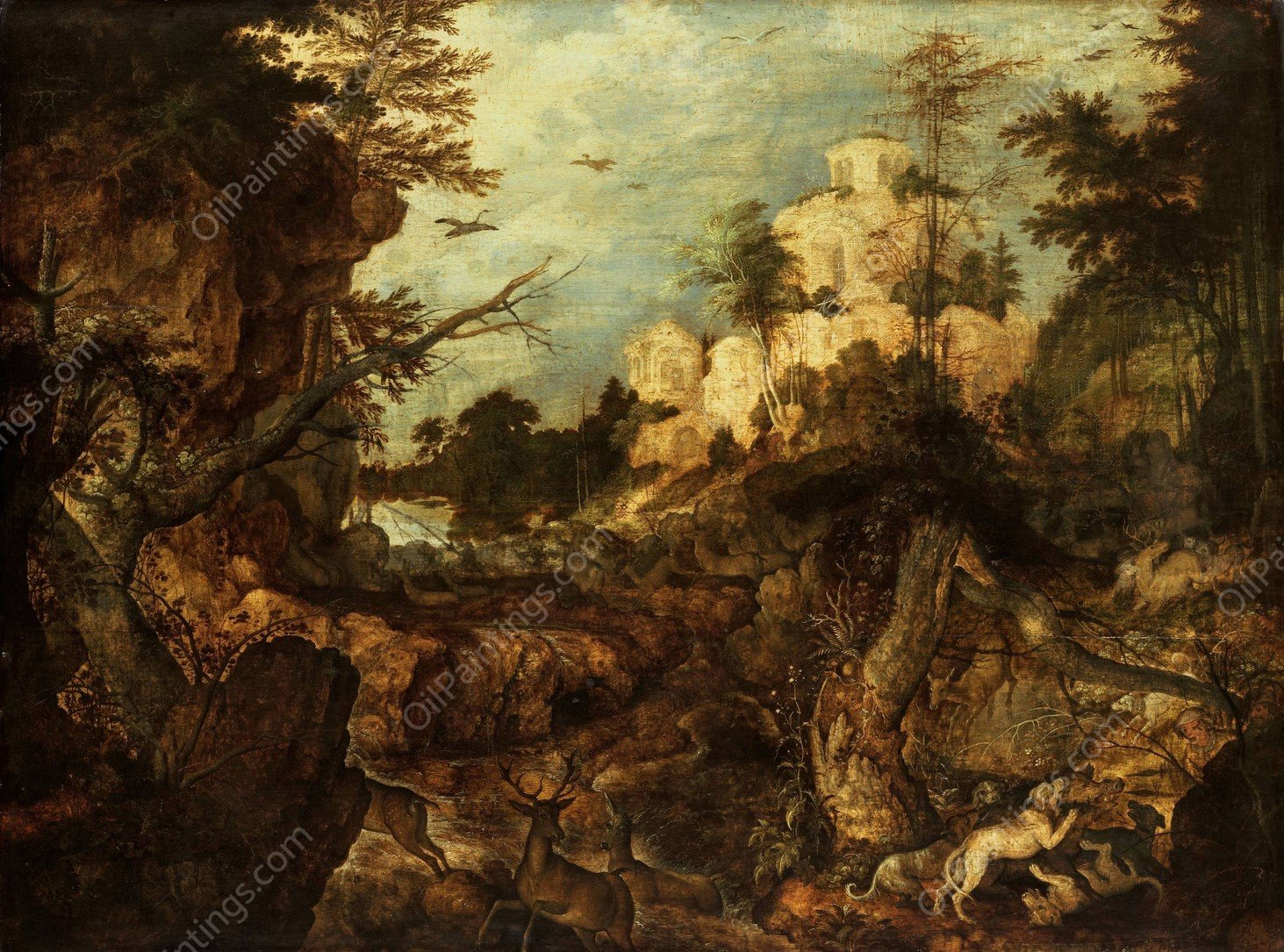 Wild boar hunt in a rocky landscape  by Roelant Savery - Hand-Painted Oil Painting Reproduction