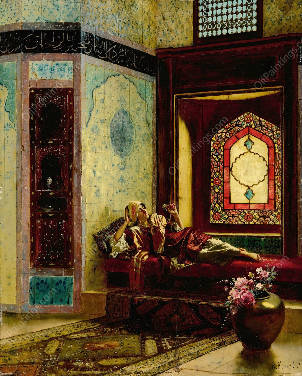 Languorous oriental lady with a rose by Rudolf Ernst - Hand-Painted Oil Painting Reproduction