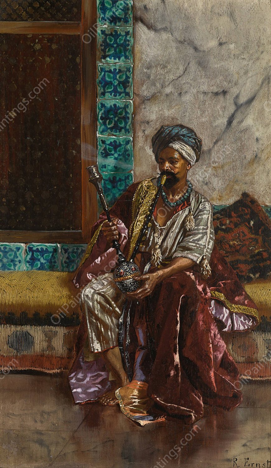 The Nargilah Smoker by Rudolf Ernst - Hand-Painted Oil Painting Reproduction