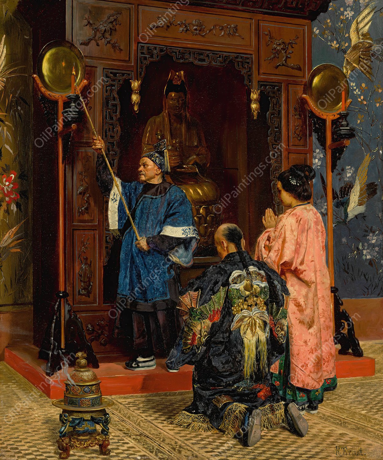 Worshippers At A Buddhist Shrine by Rudolf Ernst - Hand-Painted Oil Painting Reproduction