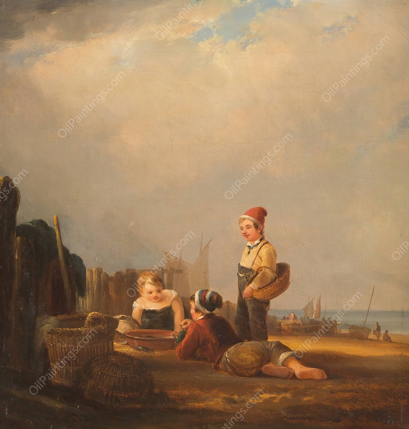 Young fisher playing with the catch  by Rudolf Jordan - Hand-Painted Oil Painting Reproduction