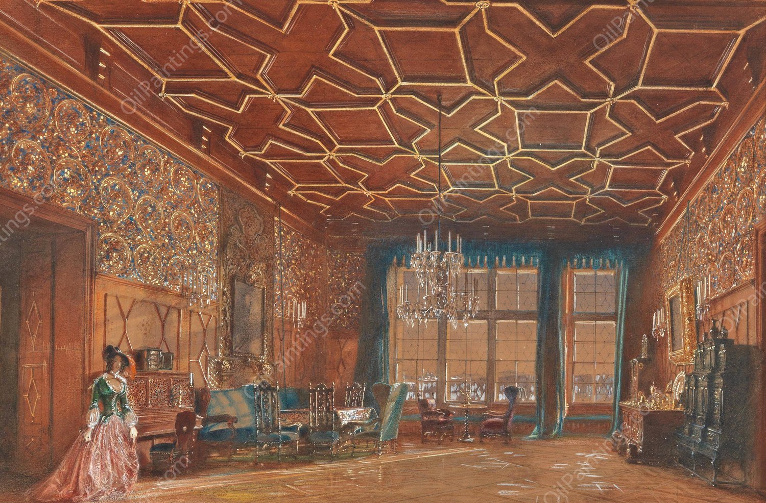 An interior in Rozmberk Castle  by Rudolf Von Alt - Hand-Painted Oil Painting Reproduction