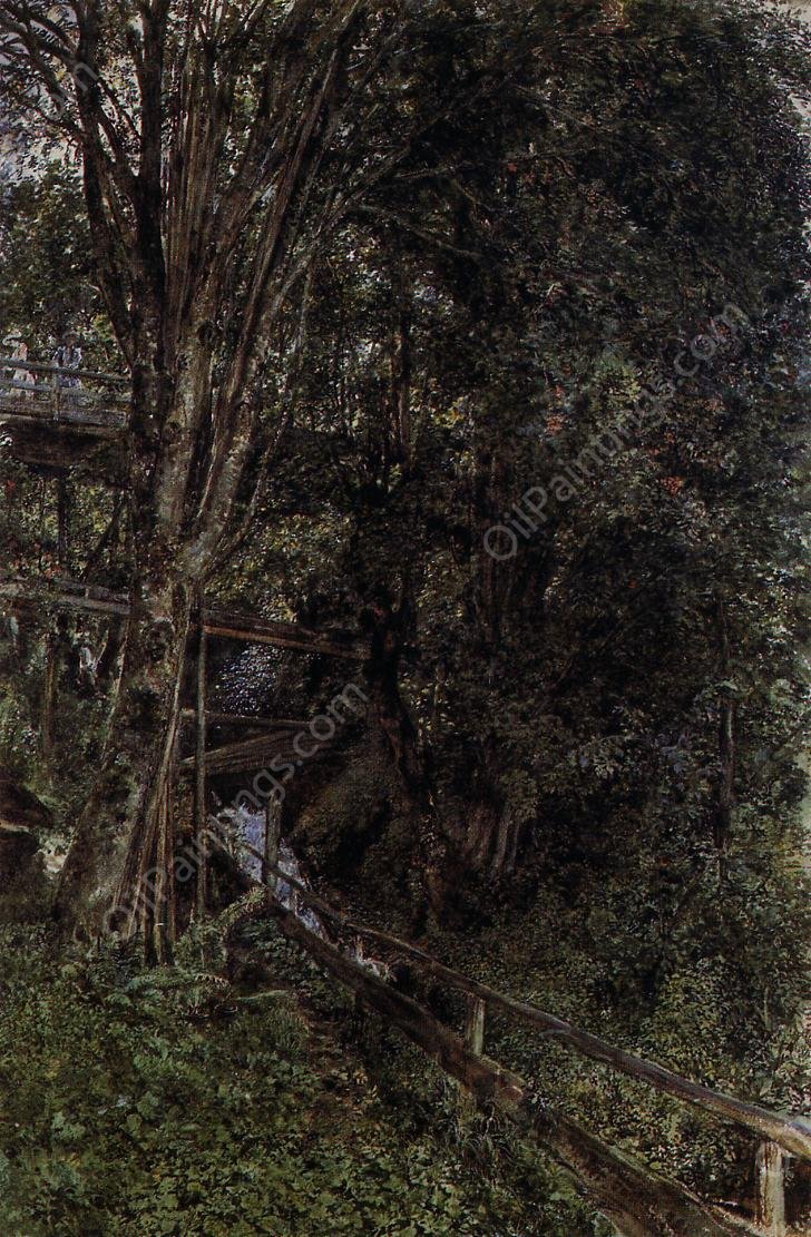 Figures on a Bridge Over a Stream at Gastein by Rudolf Von Alt - Hand-Painted Oil Painting Reproduction