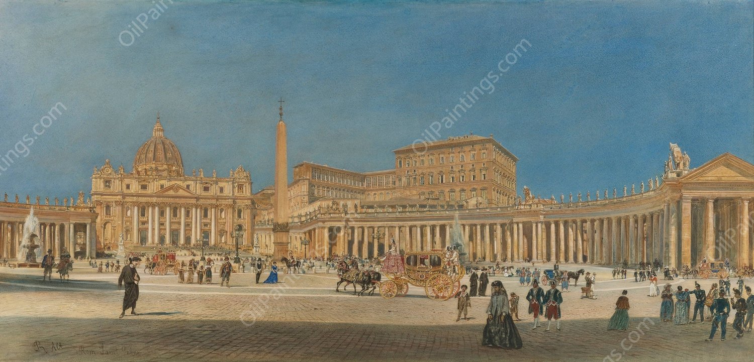 St Peter's Square, Rome by Rudolf Von Alt - Hand-Painted Oil Painting Reproduction