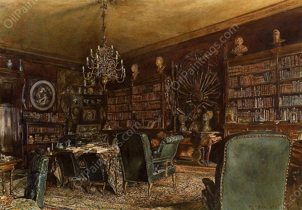 The Library by Rudolf Von Alt - Hand-Painted Oil Painting Reproduction
