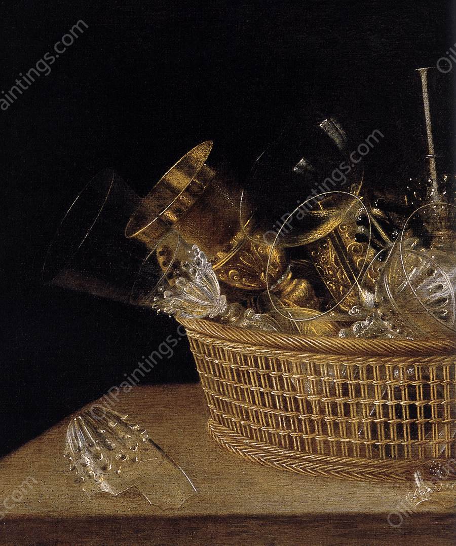 Still-Life of Glasses in a Basket Detail by Sebastien Stoskopff - Hand-Painted Oil Painting Reproduction