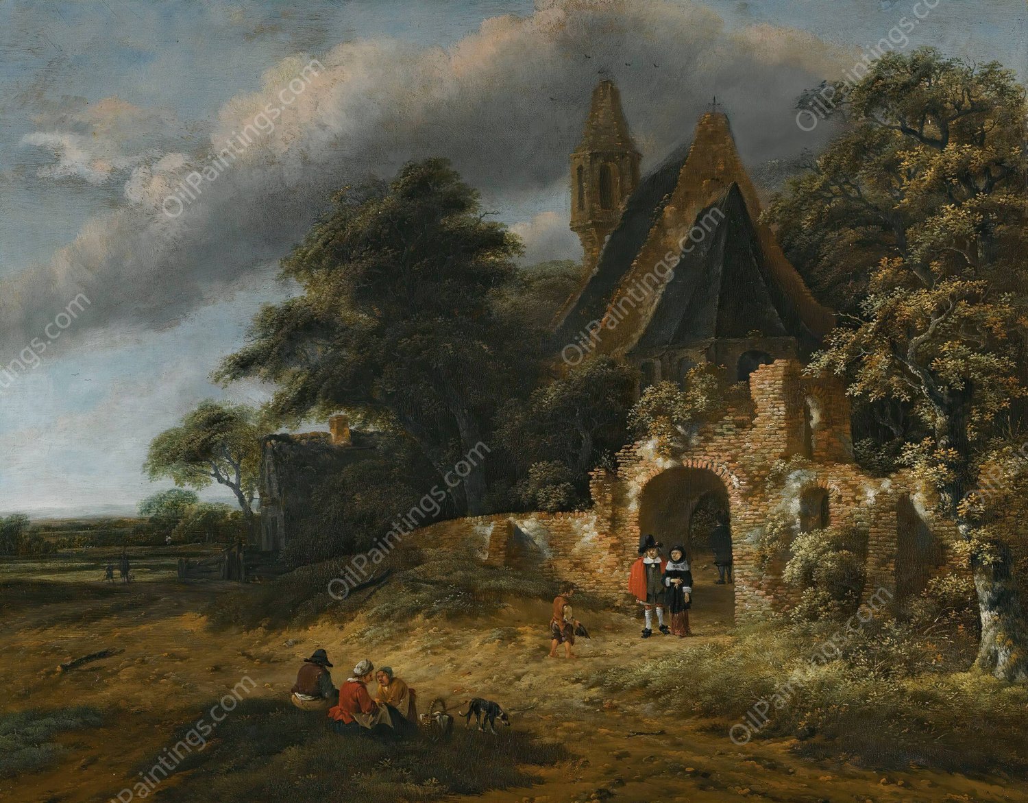 A Landscape With Figures Outside The Walls Of A Ruined Church by Salomon Rombouts - Hand-Painted Oil Painting Reproduction