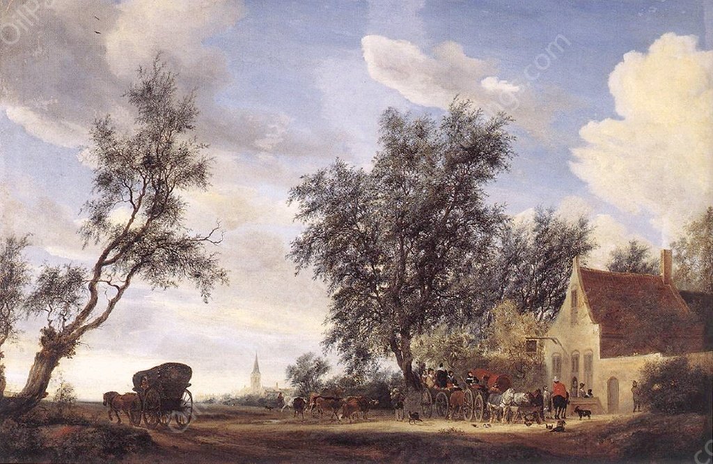 Halt at an Inn by Salomon Van Ruysdael - Hand-Painted Oil Painting Reproduction