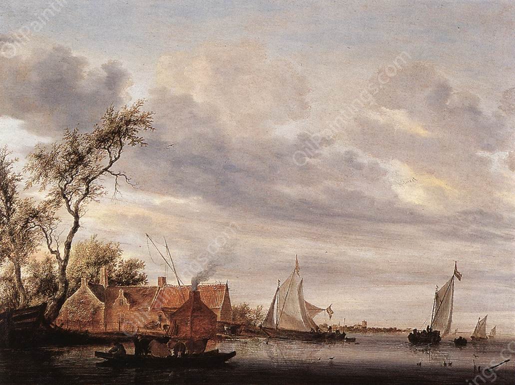 River Scene with Farmstead by Salomon Van Ruysdael - Hand-Painted Oil Painting Reproduction