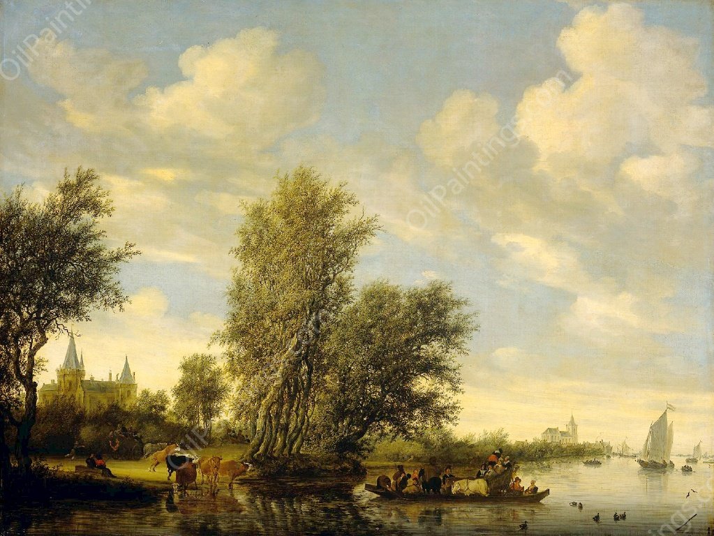 River Scene with Ferry by Salomon Van Ruysdael - Hand-Painted Oil Painting Reproduction