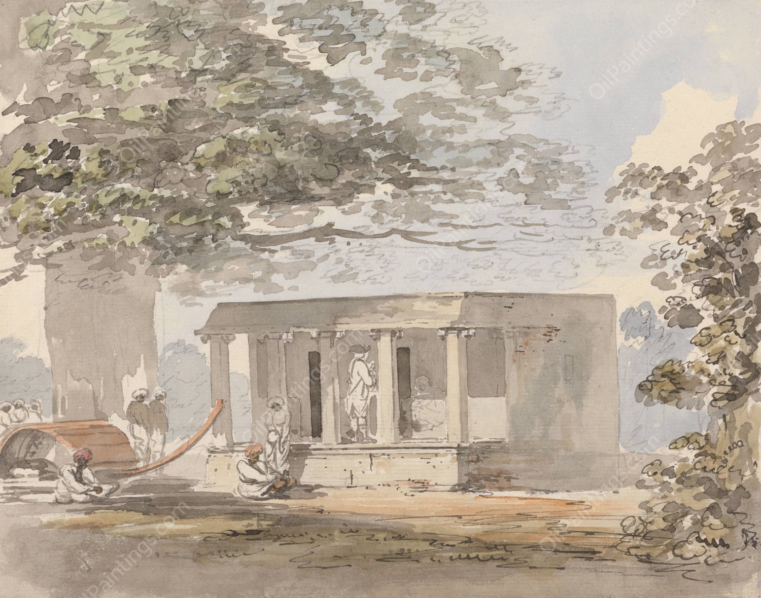 A European Gentleman Entering a Bungalow in India by Samuel Davis - Hand-Painted Oil Painting Reproduction