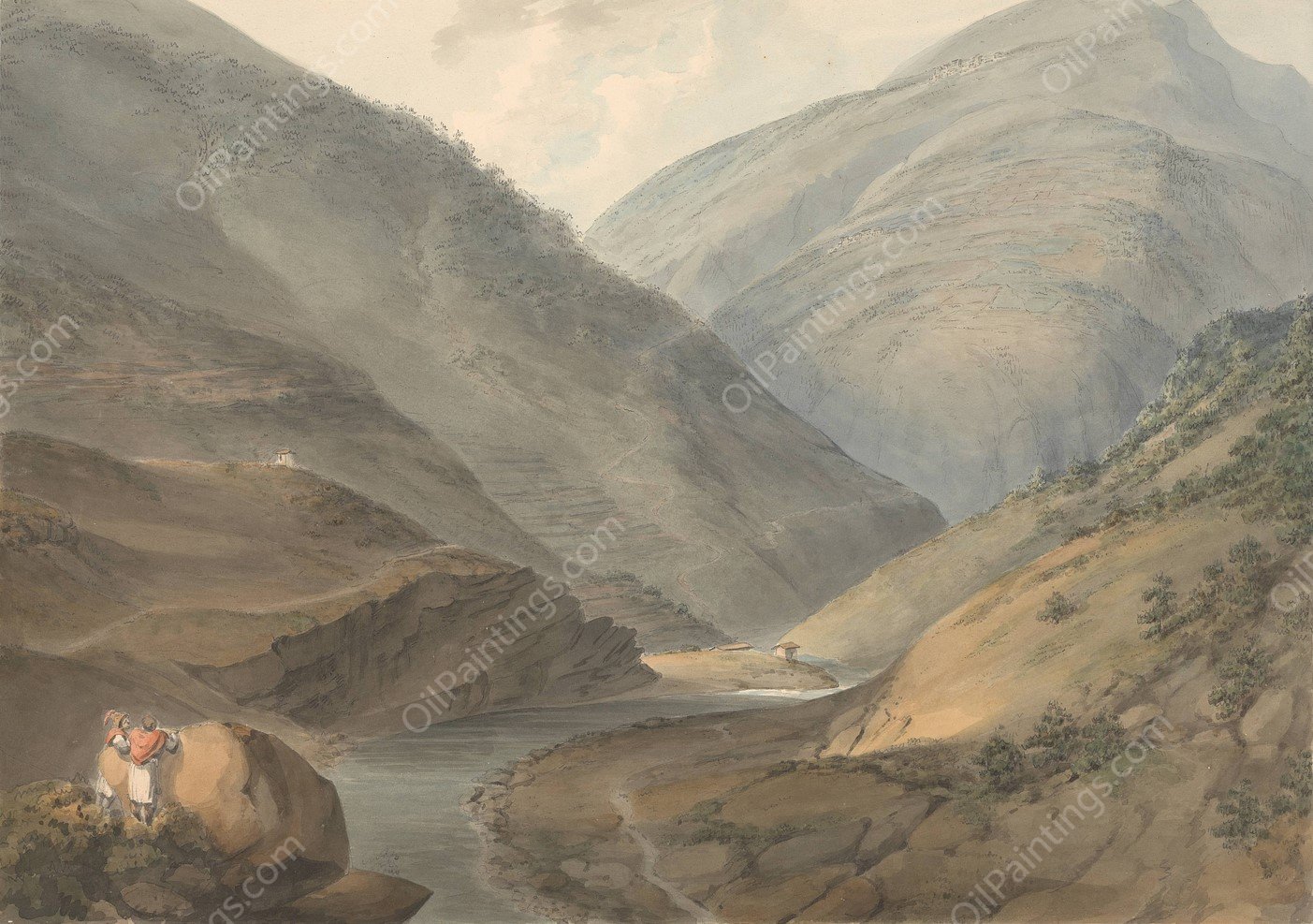 Mountainous Landscape with River by Samuel Davis - Hand-Painted Oil Painting Reproduction