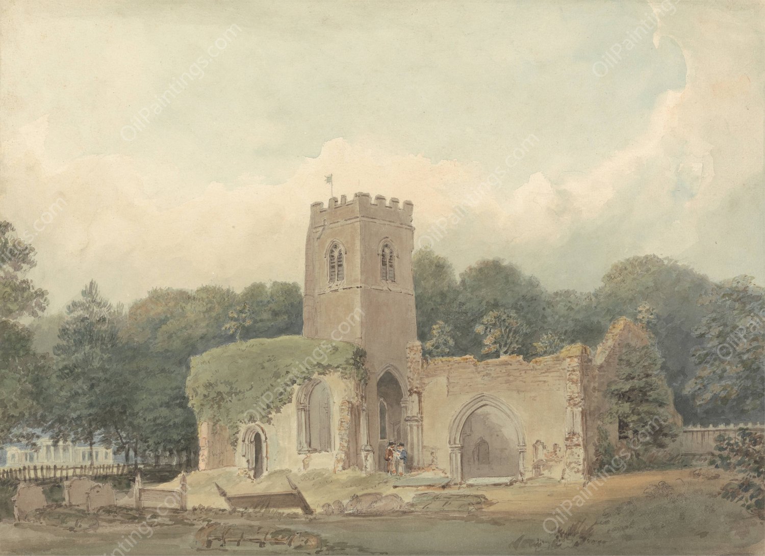 Old Church of St. Lawrence, Ayot St. Lawrence, Hertfordshire. by Samuel Davis - Hand-Painted Oil Painting Reproduction