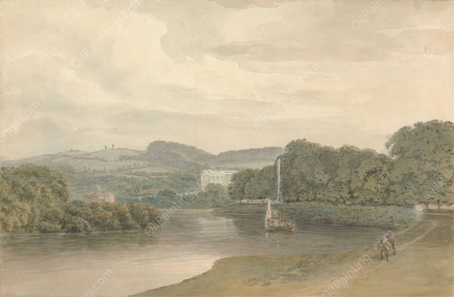 River Scene with an Unidentified Country House  by Samuel Davis - Hand-Painted Oil Painting Reproduction