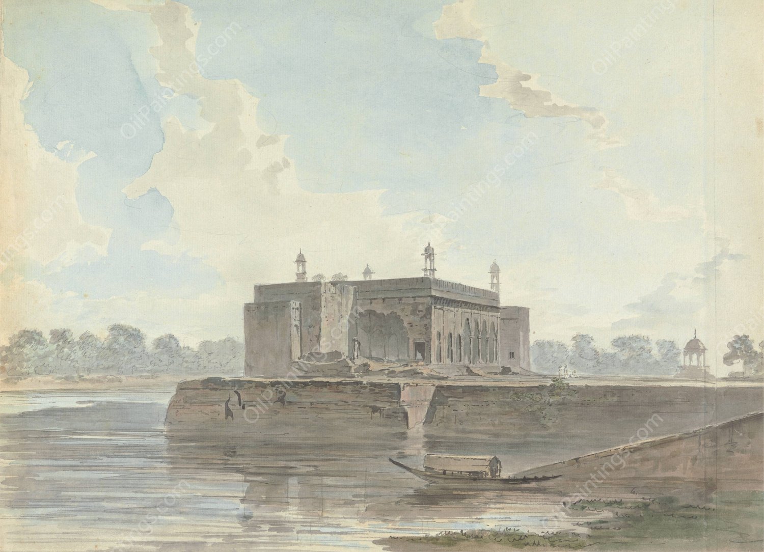 Ruined Palace by a River by Samuel Davis - Hand-Painted Oil Painting Reproduction