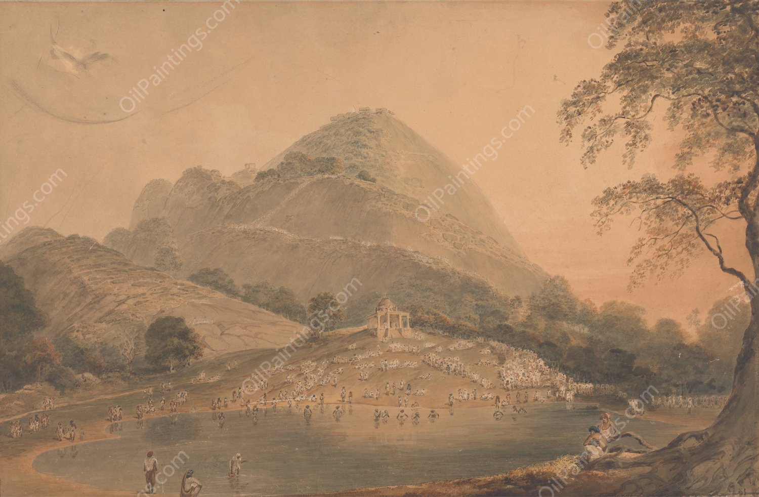 The Annual Resort of Hindoos to Mundar Hill near Bhagulpore (Bhagalpur) by Samuel Davis - Hand-Painted Oil Painting Reproduction