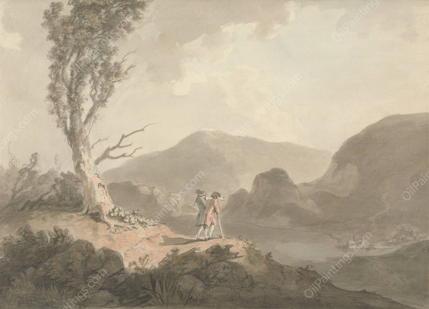 Two Men with Telescope Looking Across A River  by Samuel Davis - Hand-Painted Oil Painting Reproduction