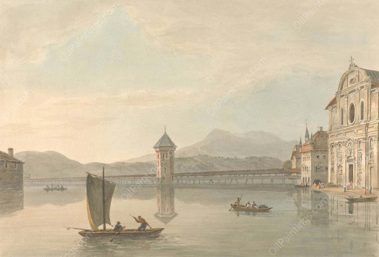 View at Lucerne; The Jesuits College by Samuel Davis - Hand-Painted Oil Painting Reproduction