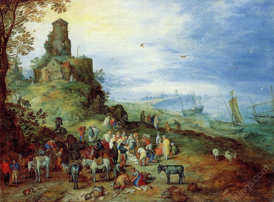 Coastal Landscape with the Calling of the Apostles Peter and Andrew by Samuel Edwin Whiteman - Hand-Painted Oil Painting Reproduction