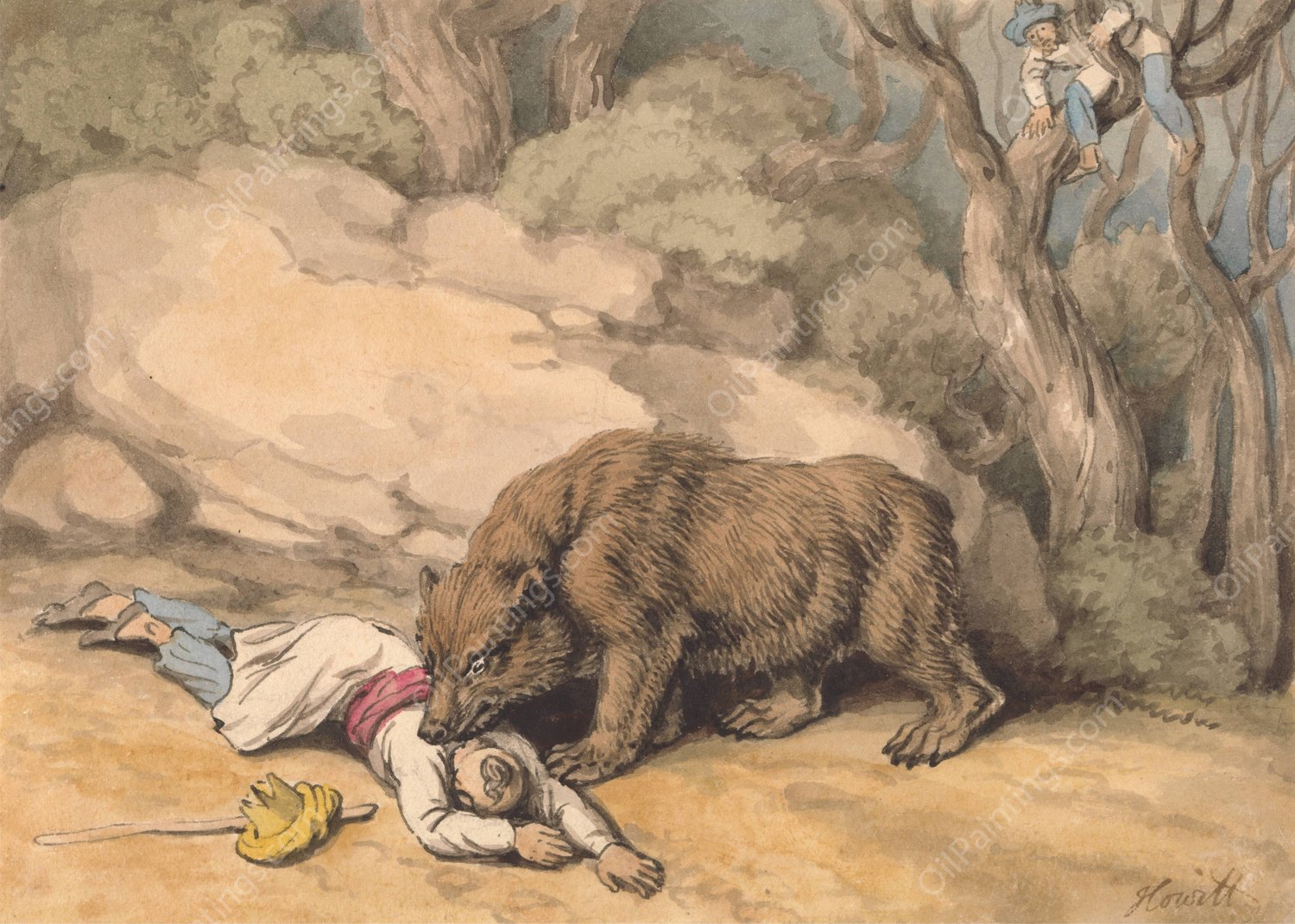 A Bear Attacking a Fallen Indian by Samuel Howitt - Hand-Painted Oil Painting Reproduction