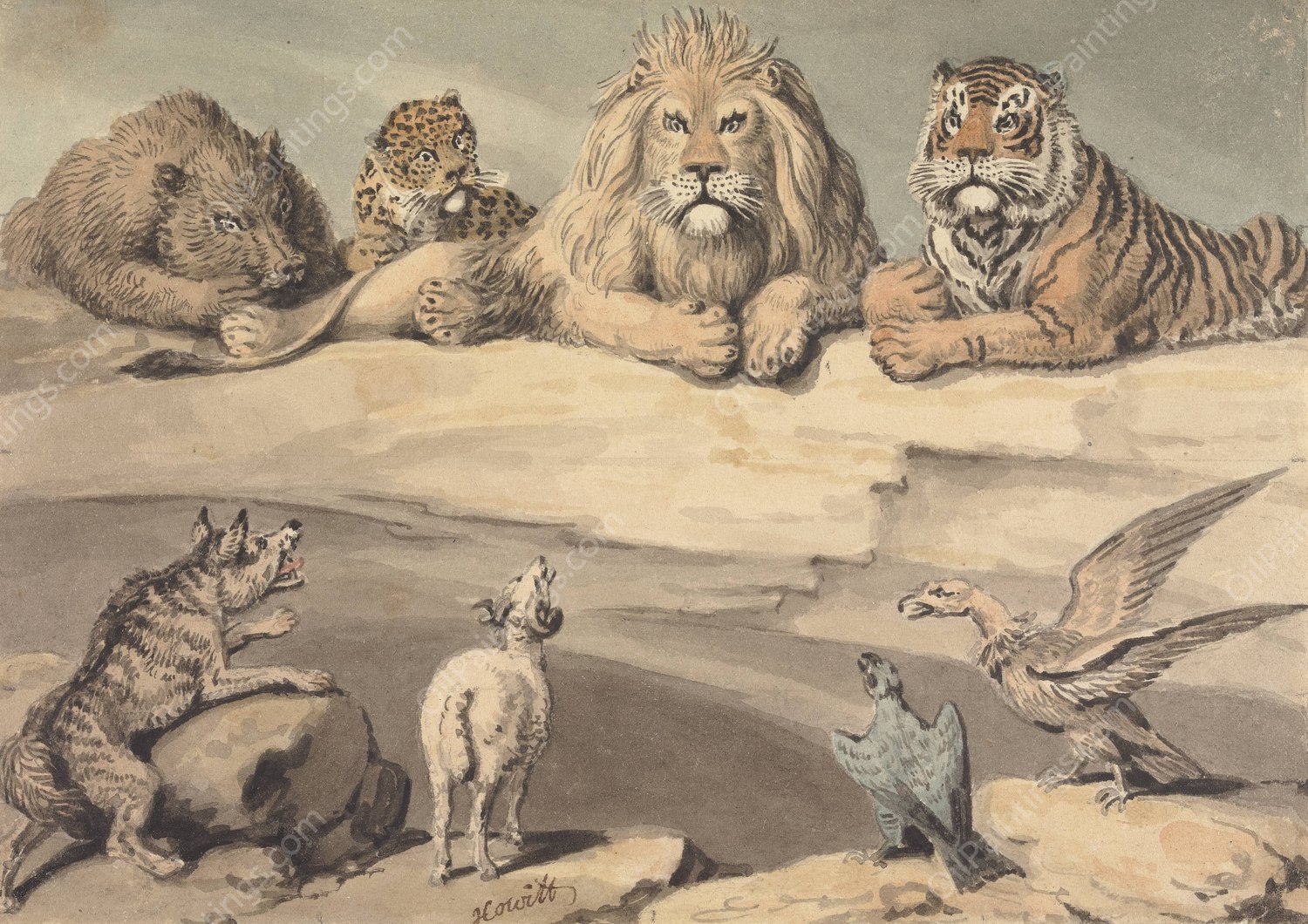 A Boar, a Leopard, a Lion, a Tiger, a Wolf, a Ram, and Two Eagles by Samuel Howitt - Hand-Painted Oil Painting Reproduction